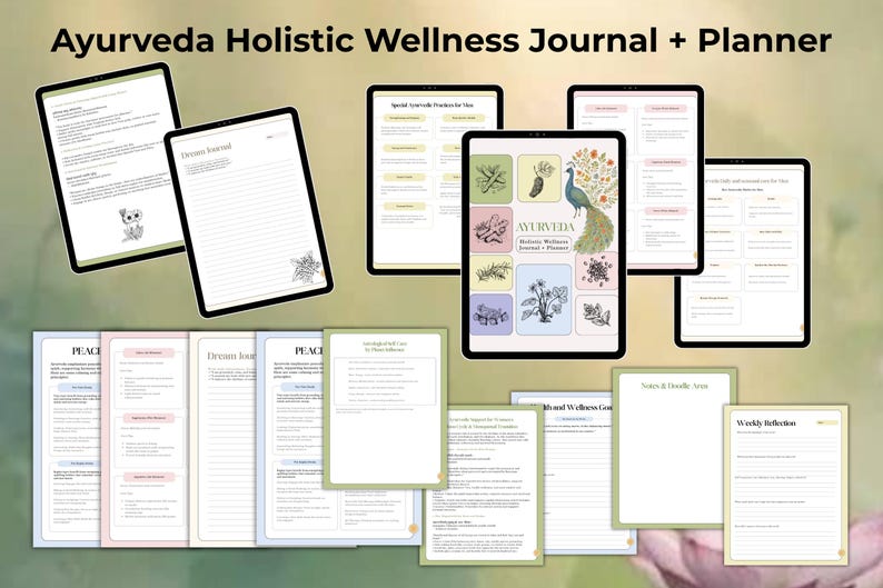 ayurveda| daily routine| ayurveda guide| holistic health| digital planner| ayurveda workbook| self care journal| digital journal| Holistic Wellness| Ayurvedic Journey| ayurveda printable| canva template