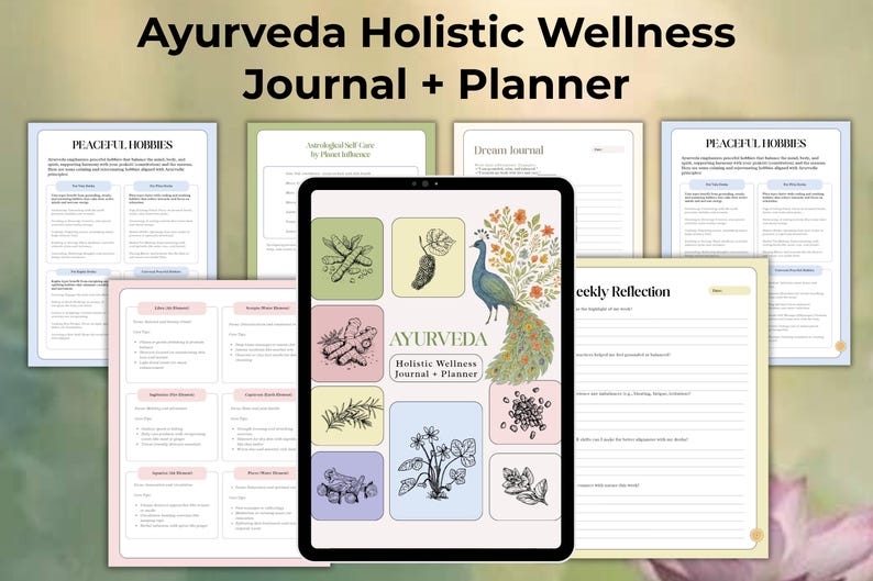 ayurveda| daily routine| ayurveda guide| holistic health| digital planner| ayurveda workbook| self care journal| digital journal| Holistic Wellness| Ayurvedic Journey| ayurveda printable| canva template
