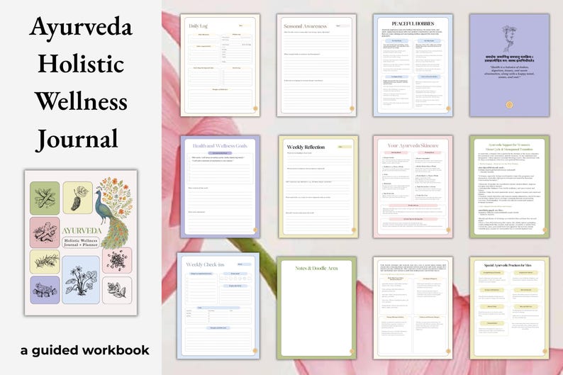 ayurveda| daily routine| ayurveda guide| holistic health| digital planner| ayurveda workbook| self care journal| digital journal| Holistic Wellness| Ayurvedic Journey| ayurveda printable| canva template
