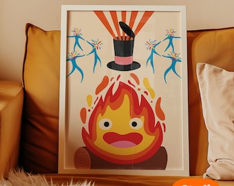 Calcifer Print: Psychedelic Retro Poster - Howl's Moving Castle