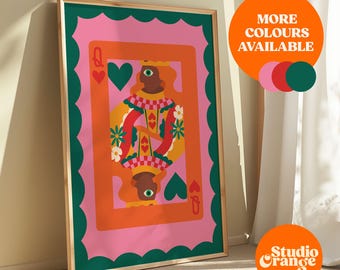 Queen of Hearts Playing Card Print: Retro Pink Wall Decor