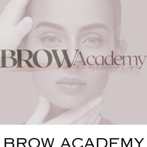 May include: A pink and white graphic with the text "BROW Academy by Roxanne Cooper" and the text "BROW ACADEMY MICROBLADING" below it. The graphic features a woman's face with her eyes closed.