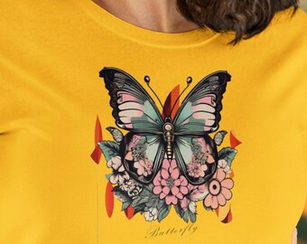 Skjorta med blommigt fjärilstryck: Damtopp i bomull i vintagestil