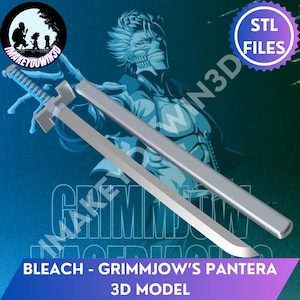Puede incluir: Un modelo 3D de una espada katana plateada con su funda a juego, que presenta una empuñadura azul texturizada y una guarda rectangular. El archivo digital está etiquetado como STL FILES y BLEACH - GRIMMJOW'S PANTERA 3D MODEL en la imagen.