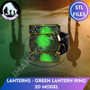 May include: A Green Lantern ring 3D model featuring a central circular green glowing emblem with concentric rings, framed by a gold-toned rectangular structure with textured dark green accents and a black band.