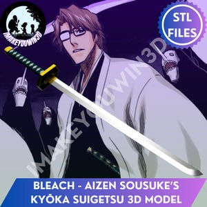 Könnte beinhalten: Ein 3D-Modell von Aizen Sousukes Kyoka Suigetsu-Schwert aus Bleach mit einer silbernen Klinge, einem goldenen Parierstück und einem dunkelgrünen Griff mit goldenem Knauf. Das Bild enthält den Text STL FILES und BLEACH - AIZEN SOUSUKE'S KYOKA SUIGETSU 3D MODEL.