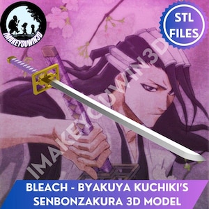 May include: A 3D model of the Senbonzakura sword from Bleach, featuring a silver blade, a gold rectangular guard, and a purple wrapped handle. The digital file is presented against a background illustration of Byakuya Kuchiki.