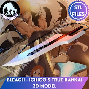 May include: A 3D model of Ichigo's True Bankai sword from Bleach, featuring a white blade with a black central stripe and a red handle. The sword is attached to a black chain. The image includes text reading STL FILES and BLEACH - ICHIGO'S TRUE BANKAI 3D MODEL.