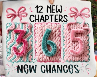 Happy New Year 2026 Png, 12 New Chapters 365 New Chances Faux Yarn Png, Pink and Teal Sequins Glitter Png, Coquette Bow New Year, Hello 2026