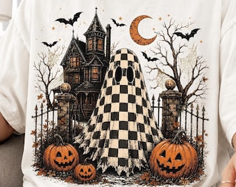 Fall Checkered Ghost Png, Pumpkin Patch Ghosts Design, pumpkin season sublimation, Farmhouse Halloween Png, Fall Shirt Png