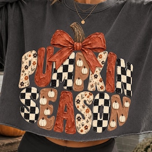 Puede incluir: Una sudadera gris carbón de manga larga con un gráfico grande de una calabaza con un lazo rojo. El texto PUMPKIN SEASON está integrado en el diseño, que incluye patrones de cuadros blancos y negros y motivos florales.