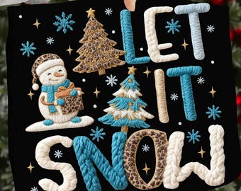Filato sintetico Let It Snow Png, Natale leopardato Png, Natale invernale Png, Pupazzo di neve carino lavorato a maglia spessa Png, Albero di Natale preppy Png