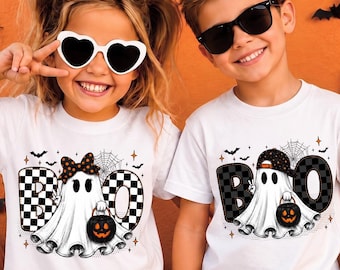 Retro Halloween Ghost PNG, Boy Girl Ghost PNG, BOO Pumpkin png, Checkerboard Ghost Design, Cute Spooky Halloween Shirt, Vintage Ghost