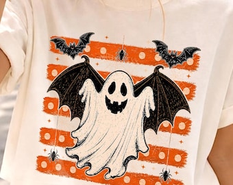 Funny Ghost Polka Dot Stripes PNG, Spooky Halloween Ghost Design, Bat Wing Ghost, Spider Web Sublimation, Spooky Season Shirt