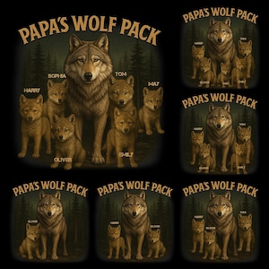 May include: A digital illustration featuring a wolf and its pups, with the text "PAPA'S WOLF PACK" at the top. The wolf is brown and gray, with several smaller pups in shades of brown. Names are written below each pup.