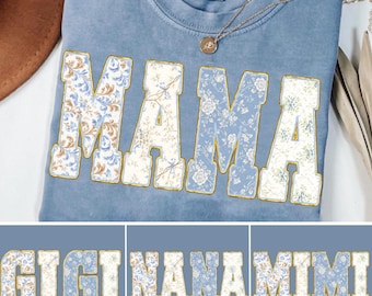 Retro Mama Floral Blue Toile Coquette Bow Glitter Png Bundle, Grandmillennial Floral Png, Mimi Gigi Nana Floral Png, Cottagecore Mama Png