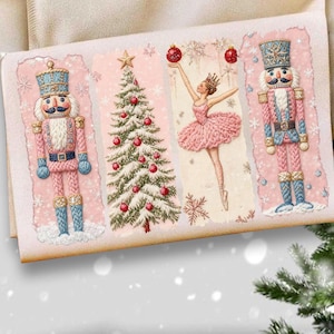 May include: A holiday-themed card featuring four panels with illustrations. The panels depict a pink and blue nutcracker, a Christmas tree with red ornaments, a ballerina in a pink tutu, and another nutcracker. The card has a light pink background with snowflake accents.