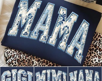 Patchwork Blue Toile Floral Mama Png Bundle, GrandmaCore Png, Mimi Gigi Nana Faux Embroidered, Varsity Png, Quilt Patchwork Mama,Cottagecore