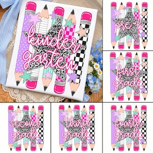 Preppy Neon Back To School Pencil PNG Bundle, Composition Checkered Teacher PNG, Pre-K to 4th Grade, School Girl PNG, First Day School