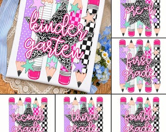 Preppy Neon Back To School Pencil PNG Bundle, Composition Checkered Teacher PNG, Pre-K to 4th Grade, School Girl PNG, First Day School