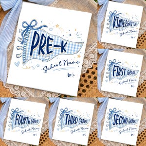 Blue Gingham Pre-K Pennant Flag PNG, Coquette Bow Teacher Design, Personalized School Name, Back to School Sublimation, Digital Download