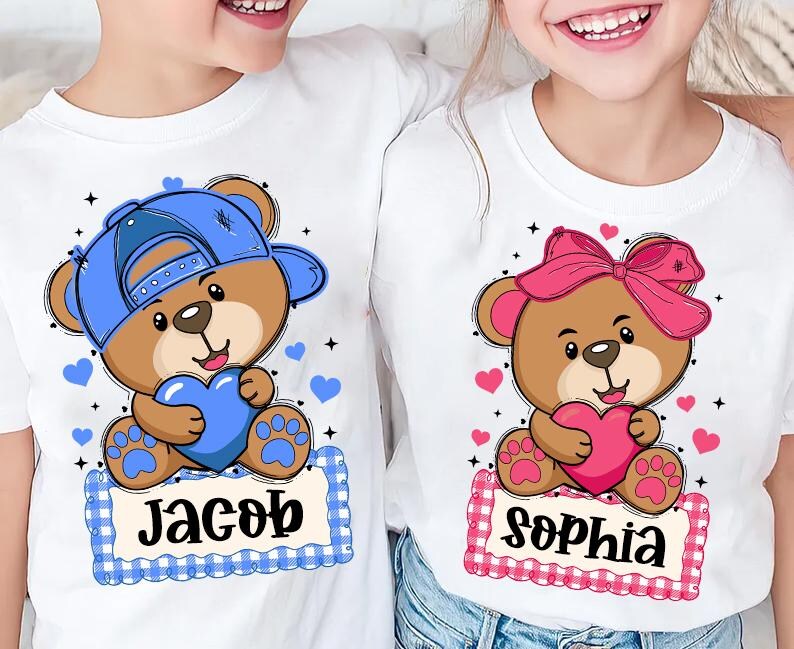 Custom Valentine Teddy Bear PNG, Matching Kids Shirt Design, Pink Bow ...