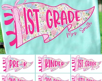 Retro Striped Floral Pennant Flag School Grade Coquette Png Bundle, Pre-K to 4th Grade Png, Back To School Png, Cottagecore, Grandmillennial