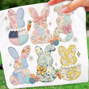 Blommig påskhare-lapptäcke med pärlor PNG, kaninpåsk PNG, blommig retro påsk PNG, stugkärna-gingham-lapptäcke PNG, vårlapptäcke