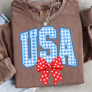 May include: A brown sweatshirt with the word "USA" in blue and white gingham print. A red bow with white polka dots is below the text. The sweatshirt has a crew neck and long sleeves.