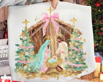 Preppy Painted Christian Nativity Scene PNG, Glitter Faith Christmas Sublimation Design, Greatest Gift of all PNG, Nativity Coquette Png
