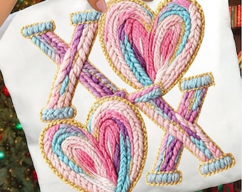 Latch Hook Yarn Crochet Valentines Day XOXO Heart Png, Colorful Heart Valentines Faux Yarn Png, Retro Valentine, Love Png,Girls Valentine