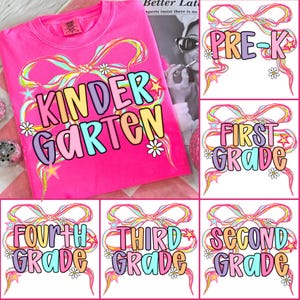 Preppy Back to School PNG Neon Bundle, Coquette Kindergarten Pre-K 1st 2nd 3rd 4th Grade Png, Girly Pink Bow Png, Hand Drawn, Colorful