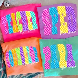 School Occupation Colorful PNG Bundle, Neon Checkered Back to School Teacher Sped Para Counselor, Preppy First Day of School Png, Hand Drawn