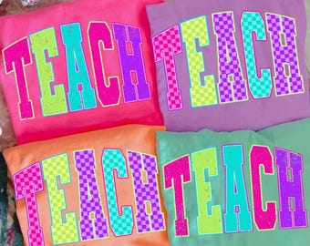 Neon Checkered TEACH PNG, Teacher Back to School PNG Neon Distressed, Retro Teacher 1st 2nd 3rd Grade Neon Png, Hand Drawn,Colorful