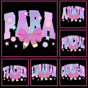 Retro Back to School Neon Checkered Png Bundle, School Occupation Png, First Day Of School Teacher Sped Para Librarian Png, Bright Color Png
