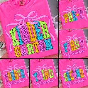 Preppy Back to School PNG Neon Checkered Bundle, Coquette Kindergarten Pre-K 1st 2nd 3rd 4th Grade Png, Girly Pink Bow, Hand Drawn, Colorful