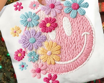 Faux Yarn Retro Smiley Face Floral Png, Inspirational Png, Self Worth Png, Motivational Png file, Self Love Png, Mental Health Matters Png