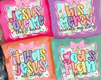 Preppy Bible Verse Bundle PNG, Jesus loves me, His mercy rewrote my story, Religious PNG, Trendy Png,  Millennial , Coquette Png,Brushstroke