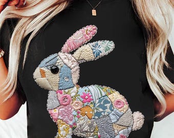 Lapin de Pâques floral patchwork Png, fausse broderie Girly Png, vintage Joyeuses Pâques Png, rétro lapin Png, conceptions de sublimation de vacances de Pâques