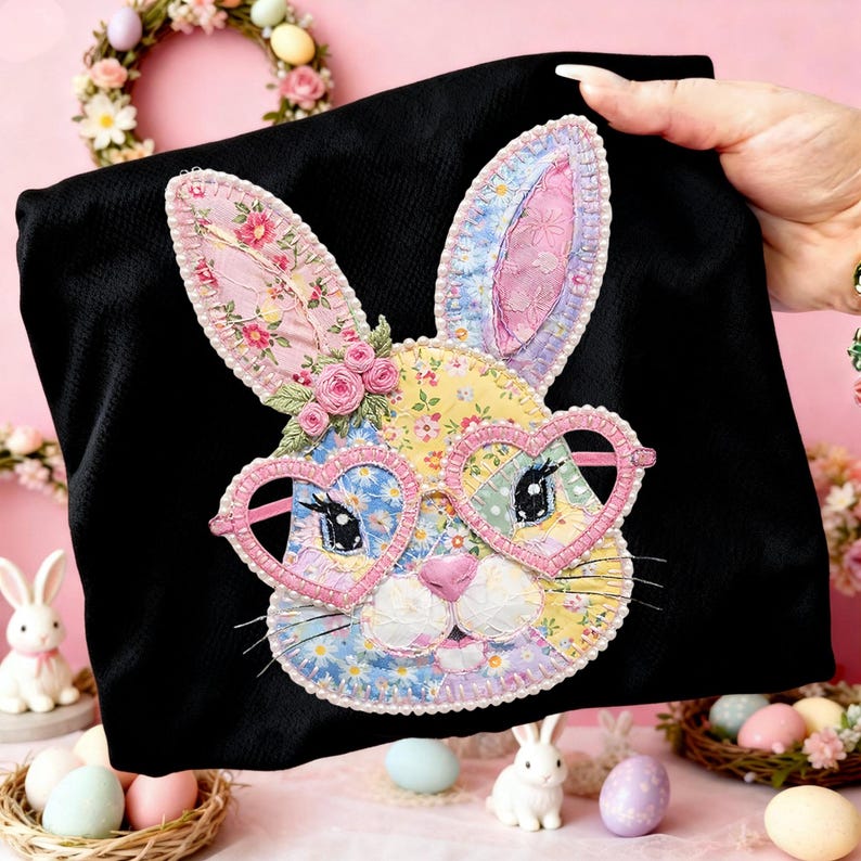 May include: Black fabric with a colorful, appliqued bunny face wearing heart-shaped glasses. The bunny's face is made of floral patterned fabric in pink, yellow, and blue. The bunny has pink ears and a pink nose. The glasses are pink.