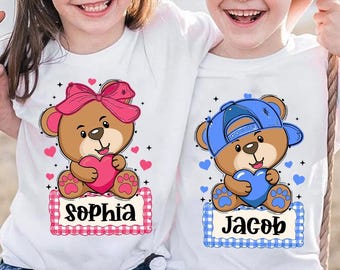 Custom Valentine Teddy Bear PNG, Matching Kids Shirt Design, Pink Bow Bear Graphic for Boy Girl, Cute valentine png,personalized kids shirt