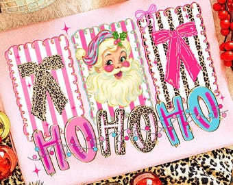 Leopard Coquette Christmas Ho Ho Ho Png, Merry and Bright Png, Preppy Santa Claus png, Sublimation, Christmas Glitter, Girly, Brushstroke