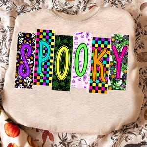 Neon Spooky PNG, Halloween Sublimation Design, Colorful Patchwork Spooky Letters PNG, Retro Halloween Shirt PNG, Cute Pastel Spooky Clipart