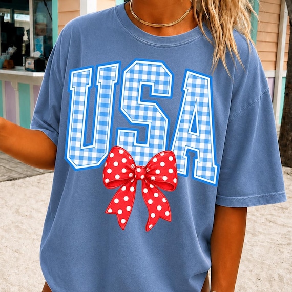 USA Bow PNG, Patriotic Coquette Shirt Design, Red White Blue Summer Graphic Tee, Girly America PNG, 4th of July Shirt Design, Blue Gingham