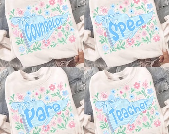 Preppy Teacher Coquette Floral PNG Bundle, Vintage Trendy Boho Floral Para Sped Counselor Design, Gift for Teacher, Preppy TeacherDesign