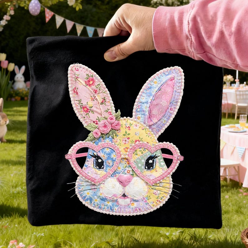 May include: Black square pillow featuring a colorful patchwork bunny face with heart-shaped glasses. The bunny has floral patterned ears and a yellow, blue, and pink face. Pink roses adorn the bunny's head, creating a whimsical Easter theme.