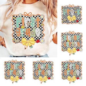 Back to School Bundle Png, Floral Teacher First Day of School Shirt Design, Girly Checkered Coquette, Pre-K Kindergarten 1st Grade Png