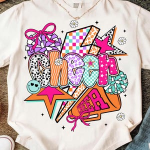Cheer Png, Preppy Cheer Mom Shirt Sublimation, Cheerleader Coquette Png, Colorful Checker Bow Pom Pom Png, Cheer Season Png, Team Spirit Png