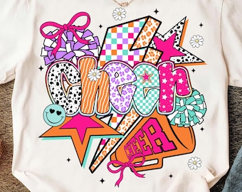 Cheer Png, Preppy Cheer Mom Shirt Sublimation, Cheerleader Coquette Png, Colorful Checker Bow Pom Pom Png, Cheer Season Png, Team Spirit Png