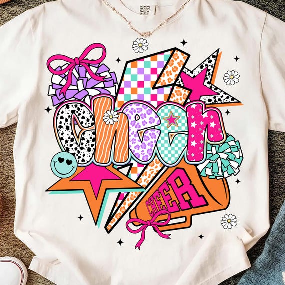 Cheer Png, Preppy Cheer Mom Shirt Sublimation, Cheerleader Coquette Png, Colorful Checker Bow Pom Pom Png, Cheer Season Png, Team Spirit Png